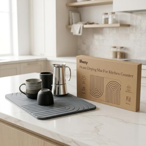 LIFSEZY- Stone Dish Drying Mat For Kitchen Counter, Super Absorbant Fast Drying Diatomaceous Earth Dish Drying mat, non slip, heat resistant, Gray, 15.3"" x 11.8''., sdm001 - size: 15.8" x 11.8"