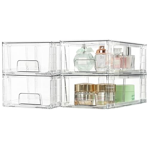 Vtopmart 8 Pack Stackable Storage Drawers,Clear Acrylic Drawer Organizers with Handles, Easily Assemble Containers for Fridge, Bathroom,Kitchen Undersink,Cabinet,Pantry Organization and Storage - size: 8Pack 4.4"H-with Dividers