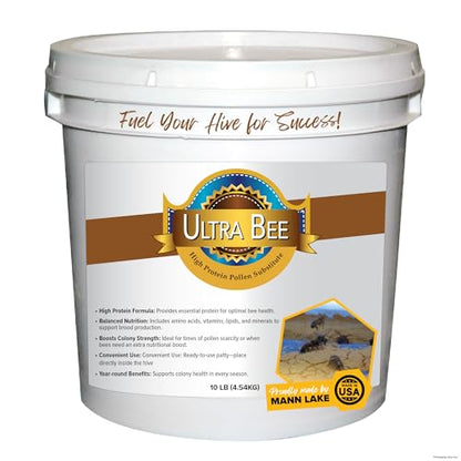 Mann Lake Ultra Bee Pollen Substitute, High-Protein Dry Feed for Healthy Bee Colonies to Support Brood Growth & Vitality, Nutrient-Rich with Vitamins and Amino Acids, No Animal by-Products, 10-Lb - size: 10 Pound (Pack of 1)