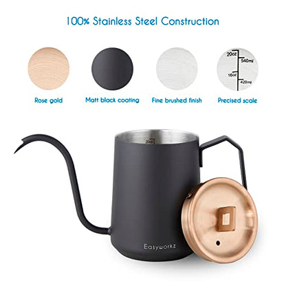 Easyworkz Gooseneck Pour Over Coffee Kettle 20 oz Stainless Steel Hand Drip Coffee Pot With Long Narrow Spout, Rose Gold Black - color: Rose Gold Black