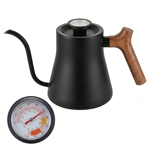 Gooseneck Tea Kettle Stovetop, 850ml Pour Over Coffee Tea Kettle with Thermometer, 304 Stainless Steel Teapot, Ergonomic Wood Handle, Matte Black Coating, Induction & Stove Top Brewing