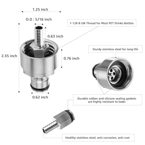 5.5 Feet Ball Lock Disconnect Gas Tubing Line Stainless Steel Carbonation Cap Kit for Soda Beer PET Bottle CO2 Regulator Keg Tap with Stainless O.D 5/16'' Barb Brewing Hose Clamp Sealing Gasket - size: Stainless Carbonation Cap Kit