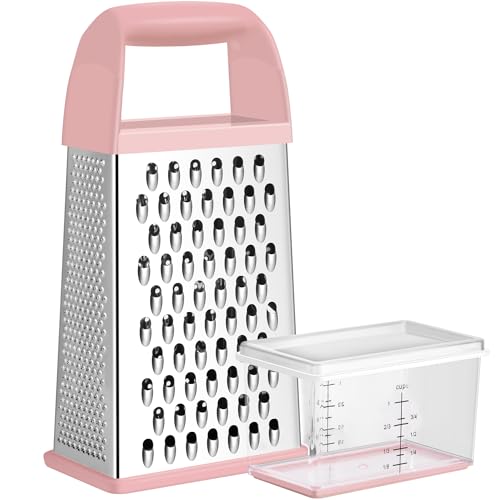 Urbanstrive Cheese Grater With Container, Professional Cheese Grater with Handle, Stainless Steel Graters for Kitchen Handheld, Box Grater with 4 Sides for Vegetables, Ginger, Potatoes (Pink) - color: Pink