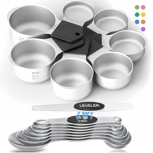 Magnetic Measuring Cups & Spoons Set|304 Stainless Steel Dual Scale Set of 15, Strong N52 Magnetic Nesting Design with Leveler, for Dry&Liquid Ingredients, Dishwasher Safe(Black) - color: Magnetic Measuring Cups & Spoons Set Black