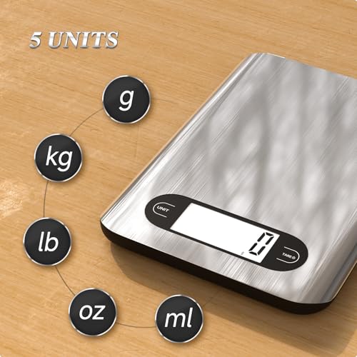 Digital Kitchen Scale, 17 Pounds Capacity Food Scale with LCD Display, Weight Grams and Ounces for Cooking and Baking, Stainless Steel Platform, Anti-Splash