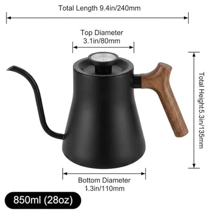 Gooseneck Tea Kettle Stovetop, 850ml Pour Over Coffee Tea Kettle with Thermometer, 304 Stainless Steel Teapot, Ergonomic Wood Handle, Matte Black Coating, Induction & Stove Top Brewing
