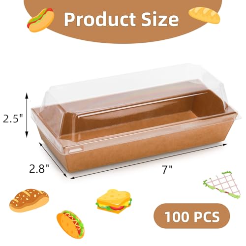 Dicunoy 100 Pack Disposable Sandwich Containers with Clear Lids, Paper Sushi To Go Containers, Rectangle Swiss Roll Cake Boxes for Craft Dessert, Waffle, Cookie, Breads, Pastry, Food Truck Business