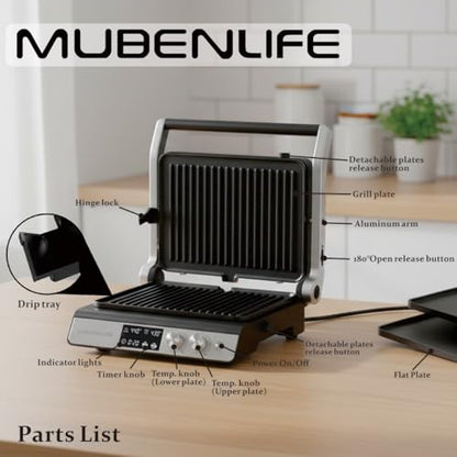 Panini Press,4 Slices Contact Grill with Removable Non-Stick Coated Grill and Flat Plates,Panini Makers with Temperature Control and Timer,Open 180 Degrees,Grill and Griddle (Silver with digital) - color: Silver with digital