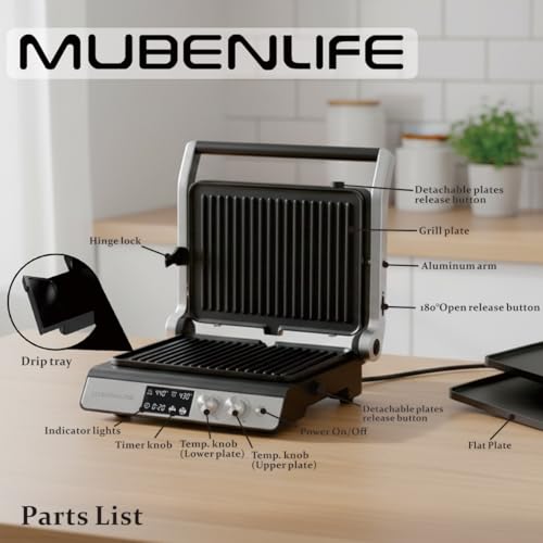 Panini Press,4 Slices Contact Grill with Removable Non-Stick Coated Grill and Flat Plates,Panini Makers with Temperature Control and Timer,Open 180 Degrees,Grill and Griddle (Half black with digital) - color: Half black with digital