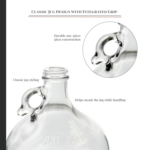 North Mountain Supply 1 Gallon Glass Fermenting Jug with Handle, 6.5 Rubber Stopper, 2-Piece Airlock, Black Plastic Lid - Set of 4