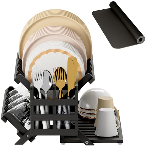 Greenual Black Bamboo Dish Drying Rack with Utensil Holder, 3 Tier Collapsible Dish Rack, Wooden Dish Racks for Kitchen Counter, Large Folding Drying Holder with Absorbent Dish Drying Mat - color: Black, size: 3-Tier+Dish Drying Mat