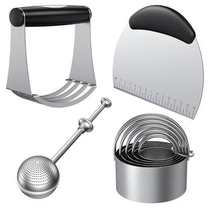 Biscuit Cutter Set, Stainless Steel Flour Sifter, Pastry Cutter, Pastry Scraper and Dough Blender, Flour Sieve for Quick Sifting Cakes and Spices, Professional Baking Dough Tools (4 Set) - size: 4 set sifter