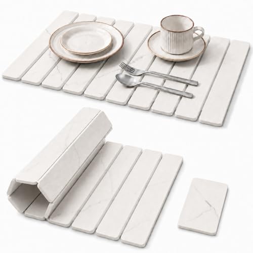 2 PCS Large Stone Dish Drying Mat for Kitchen Counter, 24" x 16" Diatomaceous Earth Dish Mat with 8" x 4" Coaster, Quick Dry Foldable Absorbent Mat for Dishes, Cups, Bottles (White) - color: White