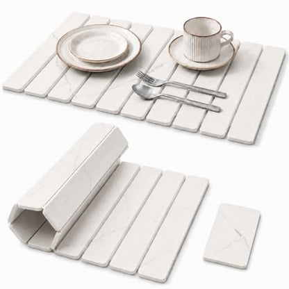 2 PCS Large Stone Dish Drying Mat for Kitchen Counter, 24" x 16" Diatomaceous Earth Dish Mat with 8" x 4" Coaster, Quick Dry Foldable Absorbent Mat for Dishes, Cups, Bottles (White) - color: White
