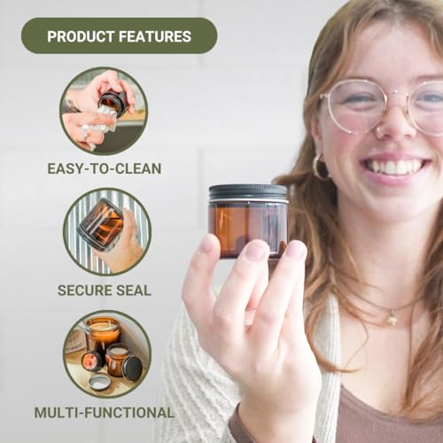 Glass Amber 2oz Jar - 12 Packs, Lead-Free Empty Round Jars For Beauty Products, Lotion, and Powders - Black Lid - Small Candle Jars - size: 2oz