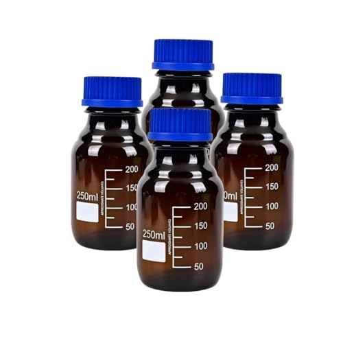 250ml Graduated Glass Round Media Storage Bottle with blue GL45 Screw Cap, Amber High Borosilicate Glass, Wide Mouth, Pack of 4 - color: Brown, size: 250ml