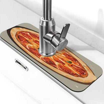Sink Faucet Mat Yummy Cheese Pizza Kitchen Splash Guard Absorbent Bathroom Sink Mat Around Faucet 15" x 5.5" Drying Mats Stone Draining Mat