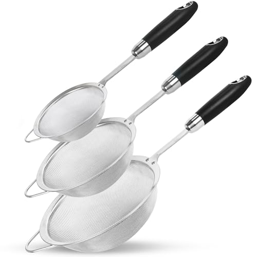 Stainless Steel Fine Mesh Strainer Set – 18/10 Strainer for Kitchen, For Pasta, Rice, Flour & Tea – Reinforced Handle, Hook Rest, Heat-Safe Grip, Dishwasher Safe (3 Sizes 12/14/18cm, 40 Mesh) - color: Black