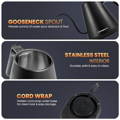 Elite Gourmet EKT3001 1L Digital Water Kettle, 304 Stainless Steel Interior, Programmed Temperatures, Keep Warm Function, Cordless, 360° Base, Auto Off & Audible Indicator, Matte Black