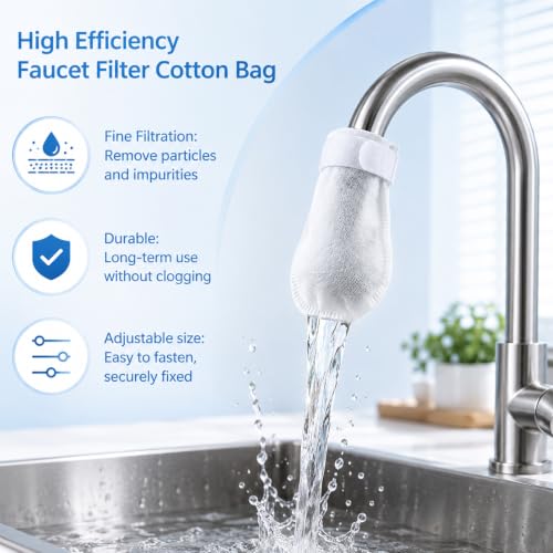 50 Pack High Density Faucet Filter Cotton Pouches, Anti-Splash Tap Water Purifier Bags, Fine Mesh Sediment Barrier Reduces Rust & Limescale, Universal Kitchen Tap Water Filter Guard for Home Daily Use