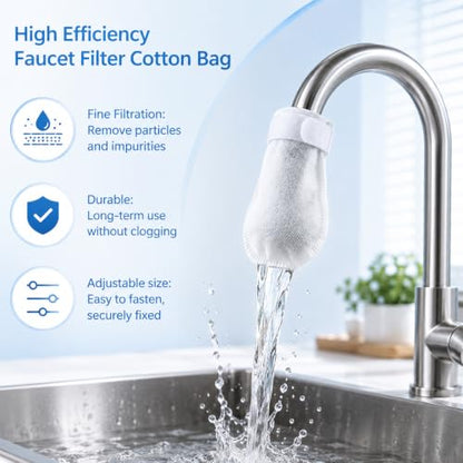 50 Pack High Density Faucet Filter Cotton Pouches, Anti-Splash Tap Water Purifier Bags, Fine Mesh Sediment Barrier Reduces Rust & Limescale, Universal Kitchen Tap Water Filter Guard for Home Daily Use