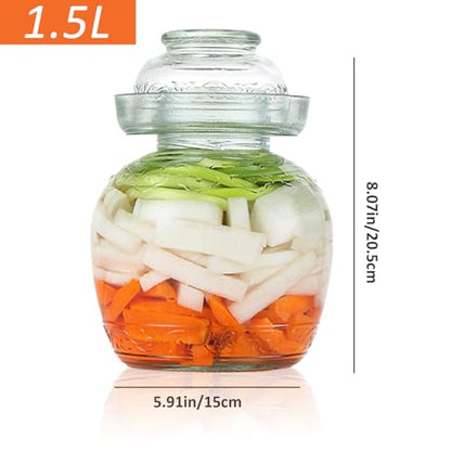Pickle Container 1.5 L Food Grade Fermentation Jar Traditional Kimchi Containers with Bowl Cap Transparent Glass Jar with Lid Fermentation Kit for Pickling Kimchi Sauerkraut