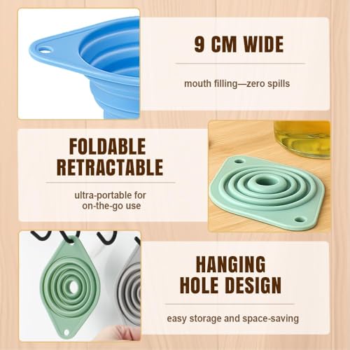 Kitchen Funnel Set 3 Pack, Food Grade Silicone Collapsible Small Funnels for Kitchen, Space-Saving Foldable Funnels for Filling Bottles, Oil, Liquid, Powder (Grey) - color: Grey