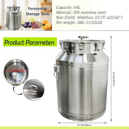64L Stainless Steel Fermenter Tank with Faucet & Exhaust Valve 304 Food-Grade Fermentation & Storage Container for Wine, Beer, Sauerkraut