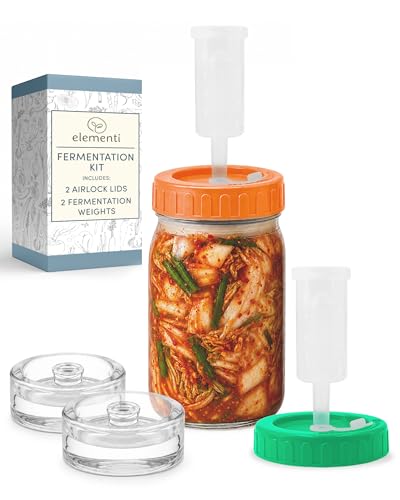 Elementi Fermentation Kit - Set of 2 Glass Fermenting Weights and Mason Jar Fermentation Lids for Wide Mouth Mason Jars - Sauerkraut & Pickling Kit - Make Perfect Kimchi Pickles & Sauerkraut at Home - style: Set of 2 - Easy Grip Weights & Lids