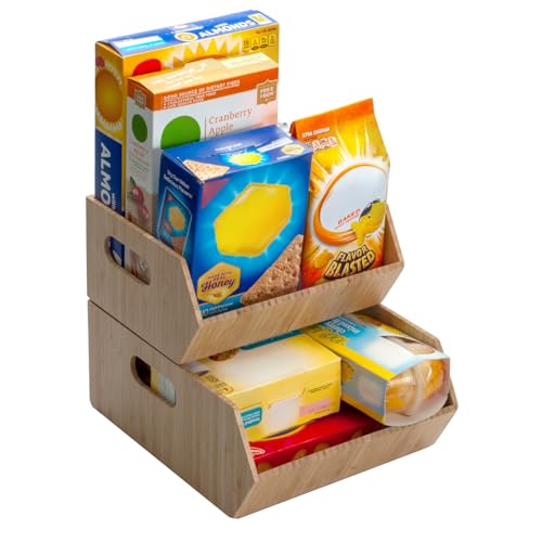 Mobilevision XL Versatile Bamboo Storage Bins for Pantry & Kitchen Cabinet Organizer Multi-Purpose / 2 Piece Stackable Set Larger Bins - size: Set (2 PC): 12" x 10" x 5.25", 8.25" x 10" x 4.5"