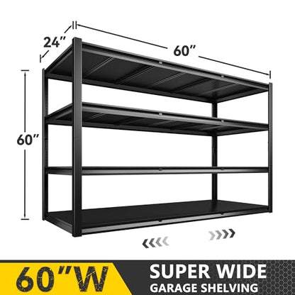 REIBII 60" W Garage Shelving, 2650LBS Heavy Duty Storage Shelves, 4 Tier Adjustable Industrial Shelving for Home, Kitchen, Garage, Basement, Commercial, Warehouse, Office, Store, 60" W x 24" D x 60" H - size: 60" W x 24" D x 60" H