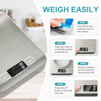 Food Scale, 11lb Kitchen Scale with 6 Units Tare Function & LCD Display, 0.05oz/1g Stainless Steel Digital Food Scale Grams and Ounces for Baking, Cooking, Dieting and Meal Prep (Batteries Included) - color: Silver
