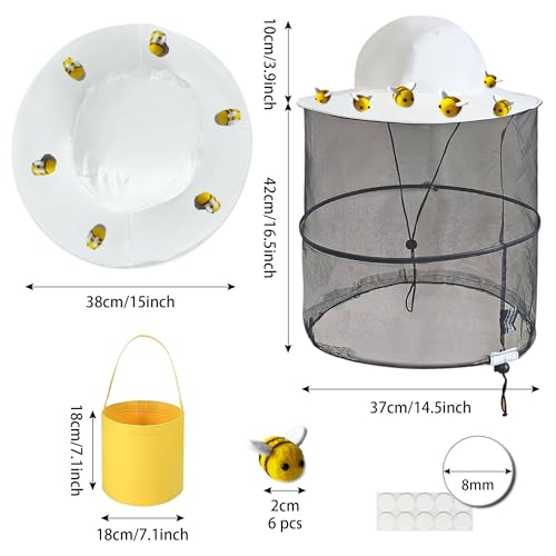 18Pcs Beekeeper Set Including 1Pc Bee Hat and Veil, 6Pcs Wool Felt Bee,10Pcs Double Side Tape and Yellow Felt Bucket for Men Women Beekeeping Supplies Halloween Costume