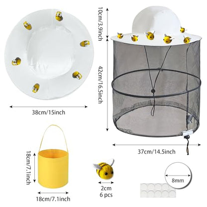 18Pcs Beekeeper Set Including 1Pc Bee Hat and Veil, 6Pcs Wool Felt Bee,10Pcs Double Side Tape and Yellow Felt Bucket for Men Women Beekeeping Supplies Halloween Costume