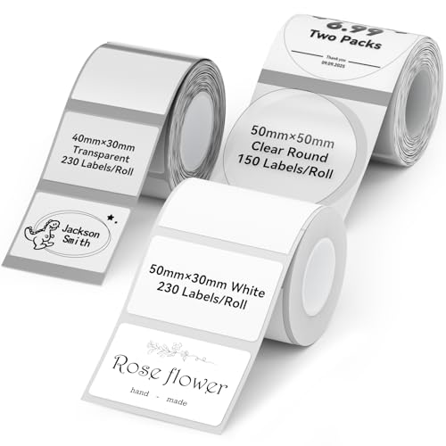 NIIMBOT Thermal Label Tape 3 Rolls, Compatible with B1 B21 B31 Label Maker | Multi-Size Pack, 50x30mm White, 40x30mm Clear, 50x50mm Round | for Address, Jar, Gift, Logo & File Organization Stickers - color: 50x30mm/40x30mm/50x50mm-mix a