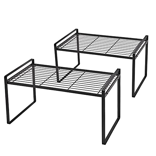 Shantton 2Pack Cabinet Shelf Organizer Storage Rack Space Saving for Kitchen Counter Pantry Bathroom Cupboard Under Sink Office Table Steel Stackable Rust Resistant Heavy Duty Nonslip 16” Black - Tall - color: Black, size: L16" W8.3" H9.5"