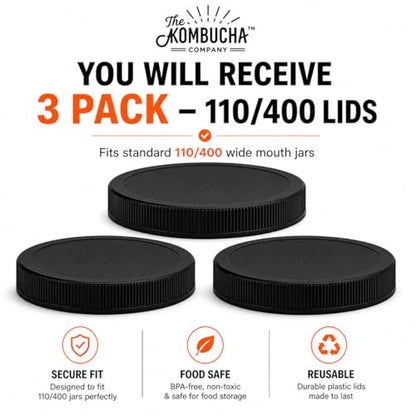 110mm (4.33") Fit - 3-Pack Black Plastic Lids for 1 Gallon Wide Mouth Jars – PE Foam Liner, Food-Grade, Leak-Resistant Caps (Jars Not Included) - color: Black