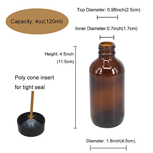 12 Pack 4 oz Amber Boston Glass Bottle with Black Cap, Funnel, Labels for Homemade Vanilla Extract, Essential Oils, Wedding