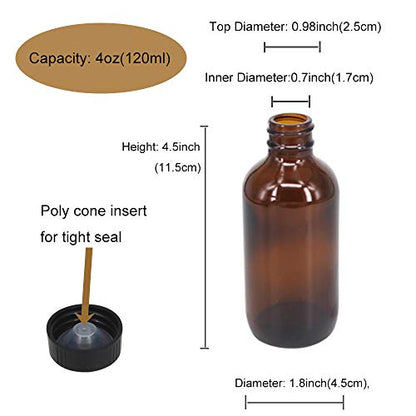 12 Pack 4 oz Amber Boston Glass Bottle with Black Cap, Funnel, Labels for Homemade Vanilla Extract, Essential Oils, Wedding