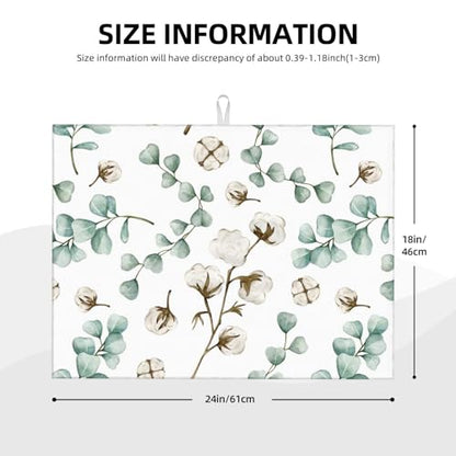 Green Plants Dish Drying Mat for Kitchen Counter Spring Summer Leaves Cotton Plant Microfiber Absorbent Dish Draining Reusable Washable Foldable Extra Large 18"x24" - color: Eucalyptus Leaves Cotton Plant