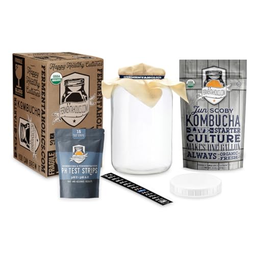 Fermentaholics Jun Kombucha Essentials Kit - ORGANIC JUN SCOBY (starter culture) + 1-Gallon Glass Fermenting Jar, Breathable Cover, Rubber Band, & Adhesive Thermometer - Brew jun kombucha at Home