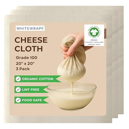 Cheesecloth Grade 100 Hemmed Edges – 100% Unbleached Cotton Fine Mesh Nut Milk Bag, Reusable Straining Cloth for Cheese Making, Yogurt, Juicing, Cooking & Crafts – 3 Pack 20x20 Inch - size: Grade 100 Pack of 3