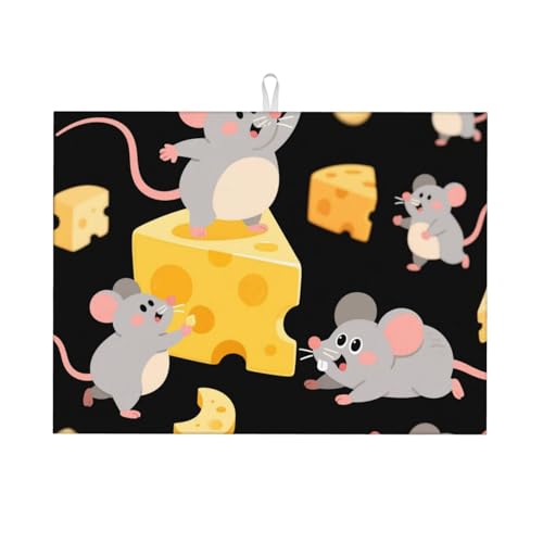 Cute Mouse Cheese Dish Drying Mat For Kitchen Counter Absorbent Reversible Drying Mats Microfiber Kitchen Countertop Protector Dishes Drying Pad Extra Large 18"X24" Dish Mat