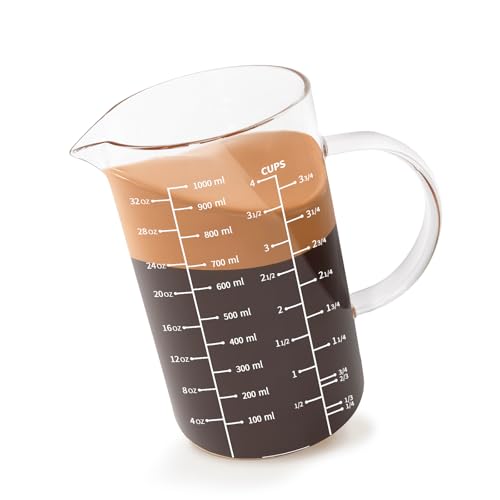 Newness Glass Measuring Cup with Handle, 1000 ML (1 Liter, 4 Cup) Measuring Cup with Three Scales (OZ, Cup, ML/CC) and V-Shaped Spout, Measuring Beaker for Kitchen or Restaurant, Easy to Read - color: White Measuring Scale, size: 1000 ML (4 Cup)