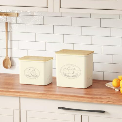 Lifewit Onion and Potato Storage Bin with Aerating Holes and Lid, Stackable Garlic Keeper, Plastic Vegetable Container Box for Kitchen, Beige, Set of 2 - color: Beige
