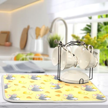 Funny Mouse Cheese Dish Drying Mat for Kitchen Counter Absorbent Dish Drainer Mat Heat Resistant Dishes Drying Pad 16x18 inch - size: S 16x18in