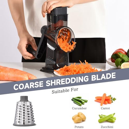 Rotary Cheese Grater with Handle Kitchen Shredder Slicer Grater Slicer Ice Shaver Cheese Vegetable Nuts Potato Zucchini Chocolate 3 Interchangeable Blades (Dark Grey TSP) - color: Dark Gray