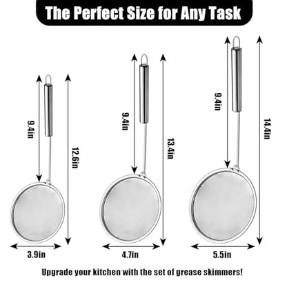 3 Pack Fat Skimmer Spoon Multi-Functional Stainless Steel Hot Pot Fat Strainer with Fine Mesh (4”, 4.7”, 5.5”) Long Handle for Frying, Soup, Quinoa, Miso - size: 3 Pack