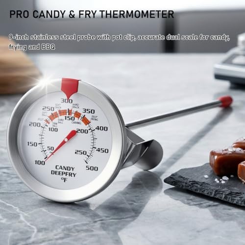 9 Inch Candy Thermometer,Stainless Steel Deep Fry Thermometer with 2 Inch Large Dial, Adjustable Clip Wide Temp Range 100-500°F & High Accuracy for Candy Making,Frying,Grilling,Baking,BBQ - size: Candy Thermometer-9''
