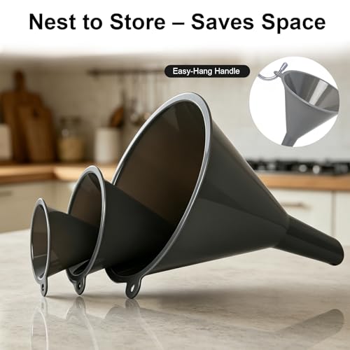 Plastic Kitchen Funnel Set of 3 with Brush – BPA Free Food Grade Funnels for Filling Canning Bottles Oil, Multifunctional for Cooking Lab Automotive, Gray - color: Gray